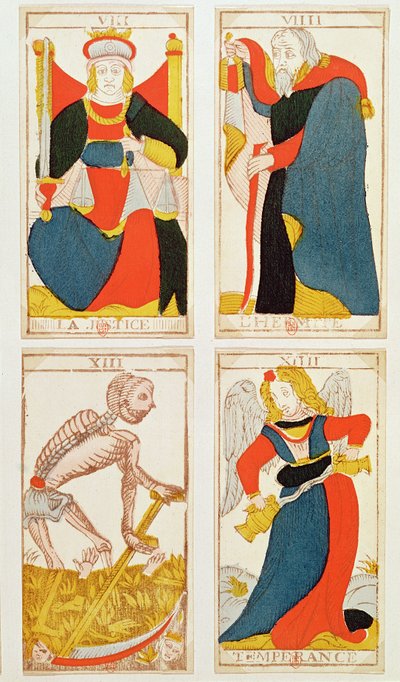 Cuatro cartas del tarot que representan La Justicia, La Templanza, La Muerte y El Ermitaño de French School