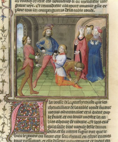 Fr.120 f.522v El nombramiento de caballero de Lancelot de La historia de Lancelot en La Quite de Saint Graal de French School