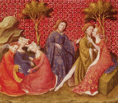 Fr 118 f.219v Cómo Lancelot besó a Ginebra por primera vez, de Lancelot du Lac de French School