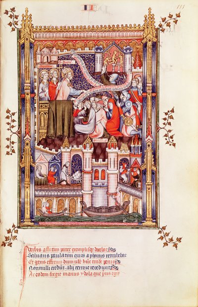 San Denis predicando a los parisinos que rompen sus ídolos paganos, de la Vie de St. Denis, 1317 de French School