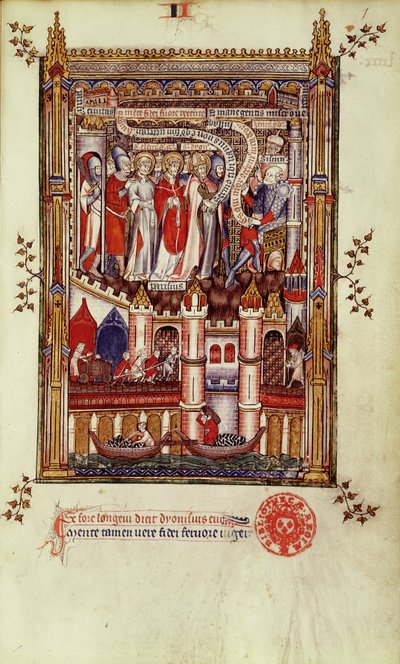 El primer interrogatorio de San Denis y sus compañeros por Sisinnius, de la Vie de St. Denis, 1317 de French School