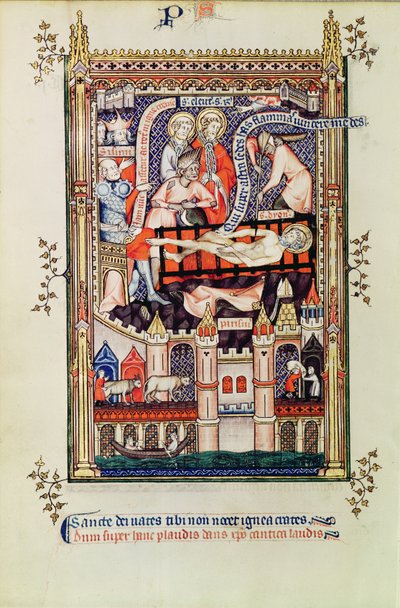 San Denis siendo torturado en el potro, de la Vie de St. Denis, 1317 de French School