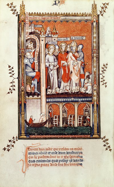 Sisinnius mostrando los cuerpos de otros mártires a San Denis y sus compañeros, de la Vie de St. Denis, 1317 de French School