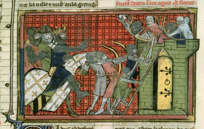 Fr 22495 f.36r Ataque a una ciudad, de Le Roman de Godefroi de Bouillon de French School