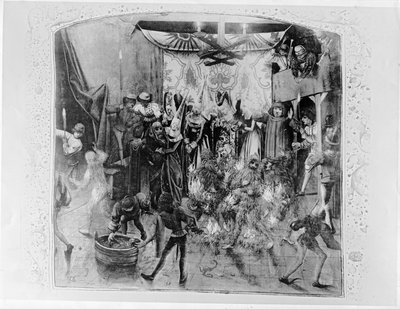 Baile de los Ardientes, Carlos VI (1380-1422) siendo salvado por la Duquesa de Berry después de que Luis de Orleans incendiara los disfraces de los bailarines, de la Crónica de Froissart, 1392 de French School
