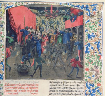 Bal des Ardents, Carlos siendo salvado por la Duquesa de Berry después de que Luis de Orleans incendiara los disfraces de los bailarines, 1392, de la Crónica de Froissart de French School