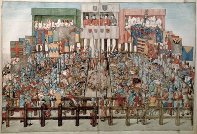 Fr 2692 f.62v-63r Rey René presidiendo un torneo de justas, de Livre des Tournois de René d