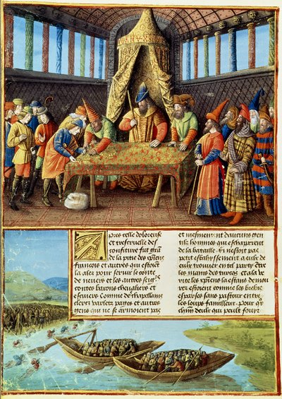 Bayezid I recibiendo el rescate, de Pasajes hechos en Ultramar escrito por Sebastien Mamerot, c.1490 de French School