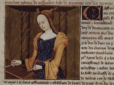 Fr 599 f.29 Casandra tocando una cítara, de `Des Cleres et Nobles Femmes de French School