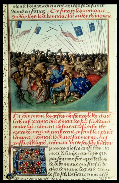 Lotario I (795-855) Emperador de Occidente en combate con sus hermanos Luis el Germánico (c.804-76) y Carlos el Calvo (823-77) en Fontenoy en Puisaye en 841 de French School