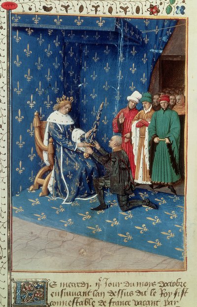 Carlos V (1338-80) armando caballero al converso Bertrand Duguesclin, octubre 1390 de French School
