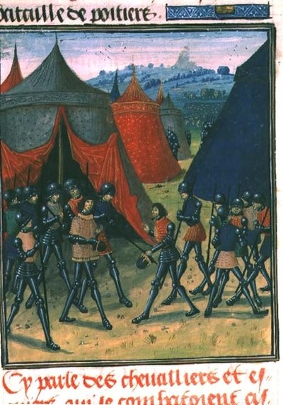 Fr 87 fol.8 El Príncipe de Gales recibiendo al Rey de Francia (pergamino) de French School