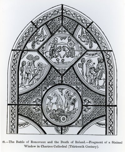 Fragmento de una vidriera en la Catedral de Chartres, que representa la Batalla de Roncevaux y la Muerte de Roldán, ilustración de Ciencia y Literatura en la Edad Media y el Renacimiento de French School