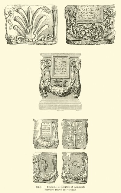 Fragmentos de esculturas y monumentos funerarios hallados en la rue Vivienne (grabado) de French School