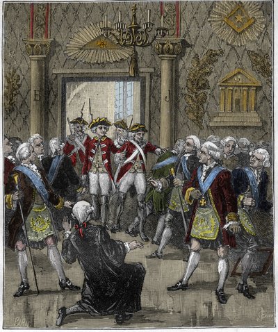 Franc-Masonería en el Hotel de Soisson en París en junio de 1745: ceremonia franco-masona interrumpida por la llegada de un comisario de policía. Grabado en "París a través de los siglos", Gourdon de Kenouillac 1880. de French School