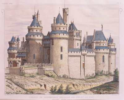 Francia, Castillo Medieval de Pierrefonds, restaurado por Violet le Duc de Moniteur des Architectes, grabado de French School