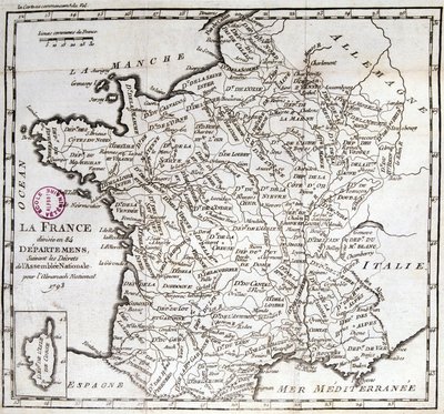 Francia dividida en 84 departamentos según los decretos de la Asamblea Nacional de 1793 de French School