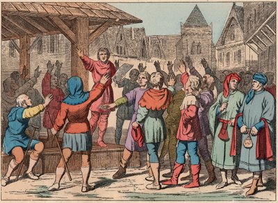 Francia en la Edad Media: las comunas - Carta comunal - Juramento - Grabado de finales del siglo XIX en “Nos Gires Nationales - Imágenes y relatos” de French School