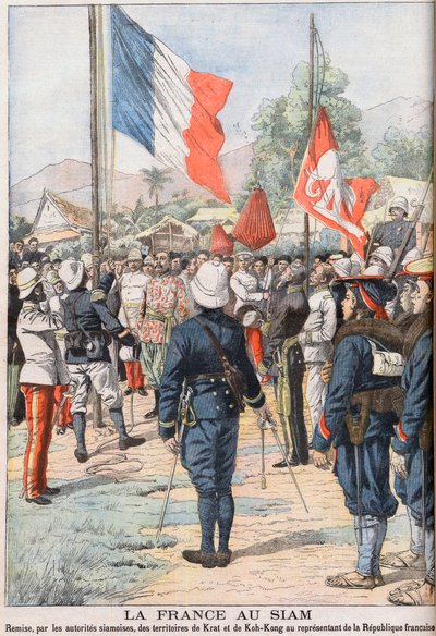 Francia tomando los territorios de Krat y Koh-Kong, Siam después del Tratado de 1904 acordado entre los siameses y los franceses, ilustración de 