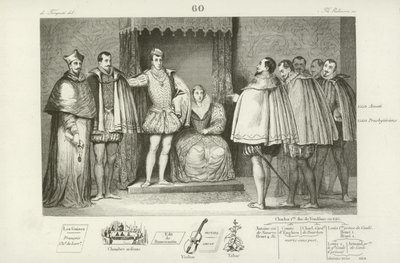Francisco II de Francia informando a los diputados del parlamento que ha elegido a sus tíos, el duque de Guisa y Carlos, cardenal de Lorena, para gobernar por él, 1559 de French School