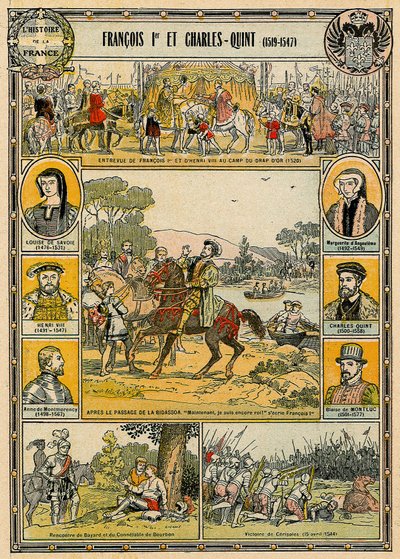 Francisco I de Francia y Carlos V, emperador del Sacro Imperio Romano Germánico, ilustración de "Histoire de France". de French School