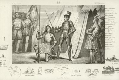 Francisco I de Francia solicitando ser armado caballero por el Caballero Bayard tras la victoria en la Batalla de Marignano, Italia, 1515 de French School