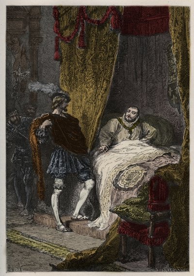 Francisco I sorprende a Enrique VIII en la mañana en el Campo del Paño de Oro - grabado de “L