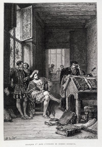 Francisco I en el estudio de Robert Estienne - grabado de French School