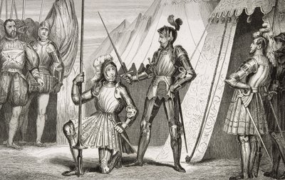 Francisco I (1494-1547) nombrado caballero por el Capitán Bayard después de la Batalla de Marignano, de 