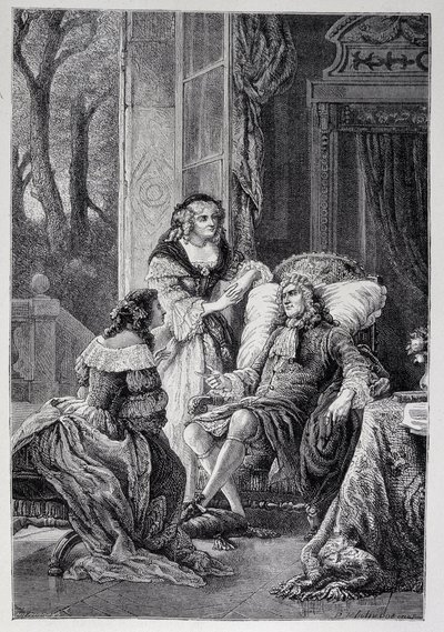 François de la Rochefoucauld (1613-1680) conversando con Mademoiselle de Sévigné (Marie de Rabutin-Chantal), Marquesa de Sévigné llamada Madame de Sévigné (1626-1696) y Marie-Madeleine Pioche de La Vergne, condesa de Lafayette (Madame de la Fayette) de French School