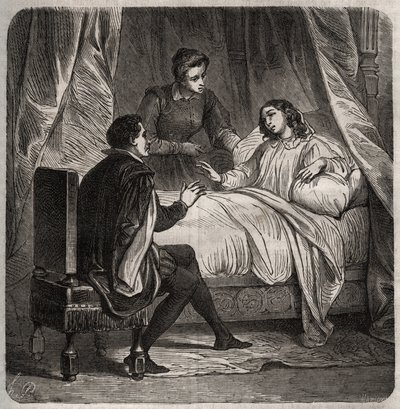 Françoise de Foix, Condesa de Chateaubriant (ca. 1495-1537), enferma, recibe a Clément des Marets dit Marot (1496-1544), el valet de François I, en la cama. Grabado de 1871 en “Histoire Des Cocuses Celebres” de Henry de Kock de French School