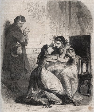 Francoise de Montmorency-Fosseux (1566-1641) pide perdón a la Reina Margarita de Valois (1553-1615), conocida como Reina Margot. Ella es la amante del Rey Enrique IV (1553-1610) y está dando a luz a su hijo con aprensión. de French School