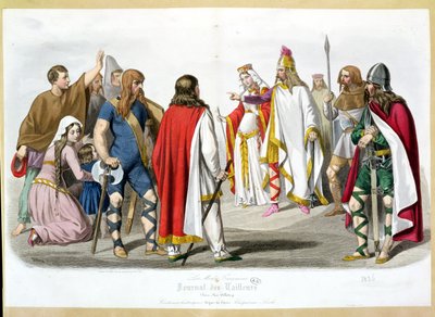 Trajes francos y merovingios, placa de moda histórica de Les Modes Francaises - Journal des Tailleurs, 1836 de French School
