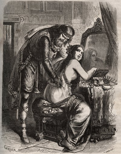 Fredegunda (545-597) toma a su esposo, el rey de los Francos Chilperico I (543-597), por su amante, Landerico. El rey descubre que su esposa lo engaña. Grabado de 1871 en “Histoire Des Cocus Celebres” por Henry de Kock (1819-1892). de French School