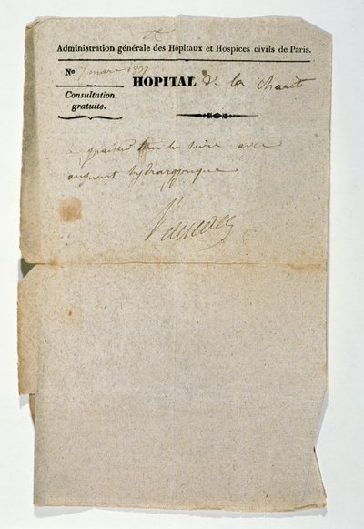 Receta gratuita del Hospital de la Caridad, París, 7 de marzo de 1837 de French School