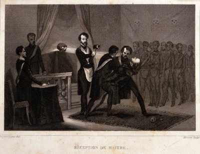 Freemaking: recepción y rito de iniciación del Maestro. Grabado de "Picturesque Histoire de la Franc Maconnerie et des Societes Secretes antique et modernes" de F.-T. B. Clavel. Pagnerre, editor. 1843. de French School