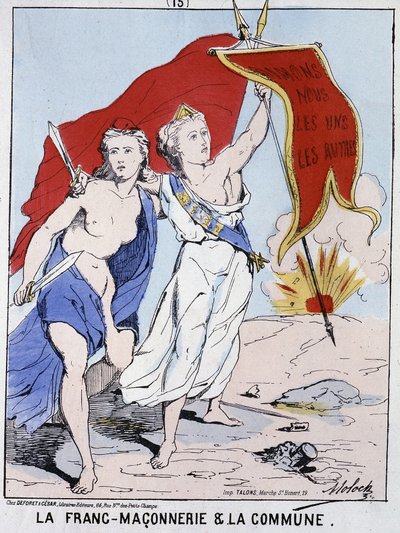 Masonería y la Comuna: una mujer simbolizando la Masonería ondea una bandera con la inscripción “Amémonos unos a otros” de French School
