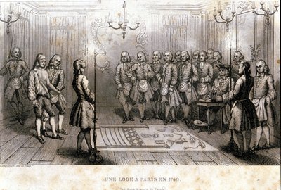 Masonería: reunión secreta en una logia en París en 1740. Grabado de “Histoire Pittoresque de la Franc-Maçonnerie et des Sociétés Secrètes anciennes et modernes” de F.-T. B. Clavel. Pagnerre, editor. 1843. de French School