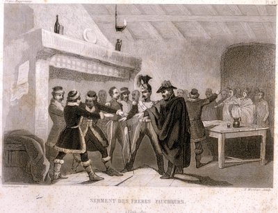 Masonería: el juramento de los hermanos segadores en Potok en 1821. Grabado de “Historia Pintoresca de la Francmasonería y de las Sociedades Secretas antiguas y modernas” por F.-T. B. Clavel. Pagnerre, editor. 1843. de French School