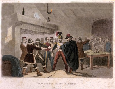 Masonería: el juramento de los hermanos segadores en Potok en 1821. Grabado de "Historia pintoresca de la Francmasonería y de las sociedades secretas antiguas y modernas" por F.-T. B. Clavel. Pagnerre, editor. 1843 de French School