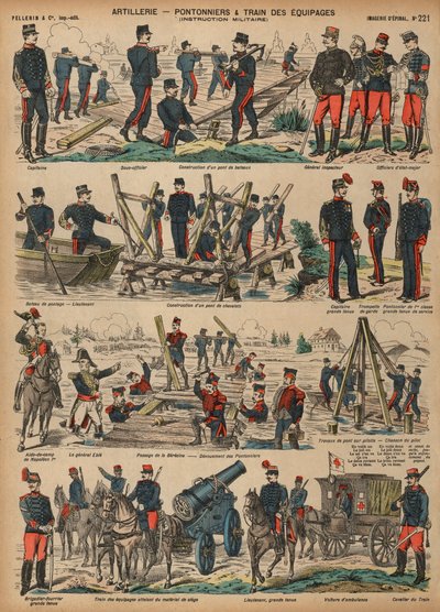 Artillería del ejército francés construyendo puentes de pontones de French School
