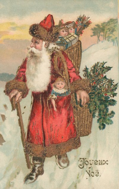 Tarjeta de Navidad francesa (litografía en color) de French School
