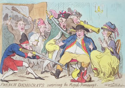 Demócratas franceses sorprendiendo a los fugitivos reales, 1794 (grabado en color) de French School