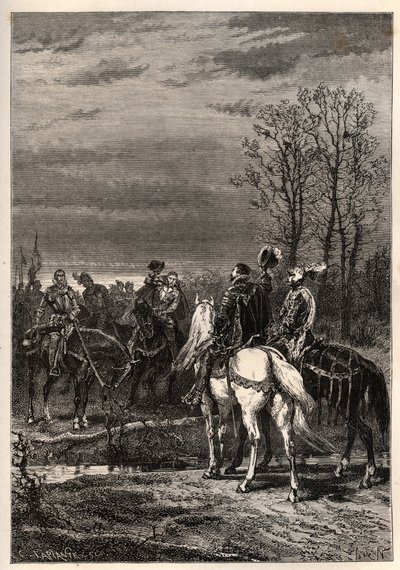 Guerras Religiosas Francesas - octubre de 1569 Guerra de Religión - Las conversaciones que precedieron a la Batalla de Moncontour (Henri, Duque de Anjou futuro Enrique III y Gaspard II de Coligny - La Batalla de Moncontour (octubre de 1569) - grabado de "L de French School