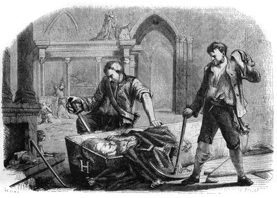 Revolución Francesa (Convención): apertura del ataúd del Rey Enrique IV (1553-1610) durante la profanación de las tumbas reales de la iglesia de Saint Denis en 1793. Grabado de 1860 de French School