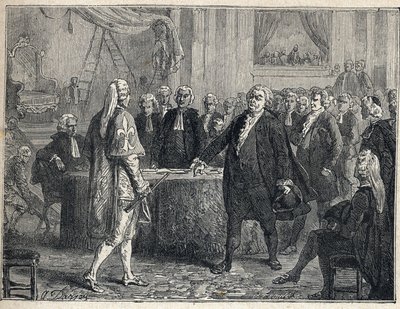 Revolución Francesa - Asamblea General el 23/06/1789: Honoré Gabriel (Honoré-Gabriel) Riqueti, Conde de Mirabeau (1749-1791) apostrofando a Henri Evrard (Henri-Evrard), Marqués de Dreux Brézé (Dreux-Brézé) (1762-1829). Grabado de 1889. Colección privada de French School