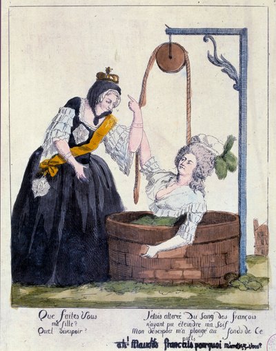 Revolución Francesa: caricatura contra la Reina María Antonieta (1755-1793) cayó al fondo de un pozo por querer saciar su sed de sangre francesa. Siglo XVIII. París, B.N. de French School