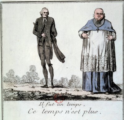 Revolución Francesa: caricatura sobre la desaparición de los privilegios del clero representando a un sacerdote delgado y un obispo corpulento y gordo de la época del Antiguo Régimen. Grabado de 1790. París, Biblioteca del Arsenal de French School