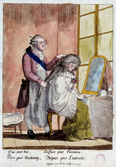 Revolución Francesa: Viñeta sobre la huida de la familia real a Varenne los días 20 y 21/06/1791: El rey Luis XVI estilando a la reina María Antonieta debía partir con el pasaporte falso de institutriz de los hijos de la baronesa de Korff. Colou anonyme de French School