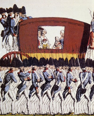 Revolución Francesa: Retorno de la Familia Real a París el 25 de junio de 1791 tras el arresto en Varennes el 20 y 21 de junio de 1791. Eau-forte coloreada anónima 1791 Dom. 23.2x34.6 París, Museo Carnavalet de French School